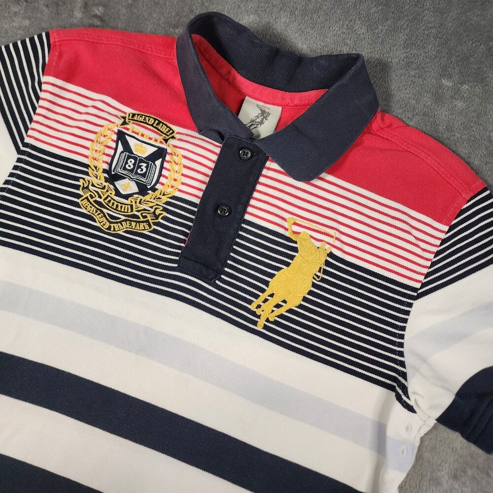 Polo 1983 Men's Large Big Pony Gold Crest Polo Shirt Striped Rugby Prep Casual